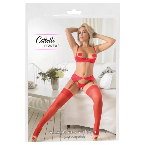 Cottelli - pończochy koronkowe - czerwone - 5/XL