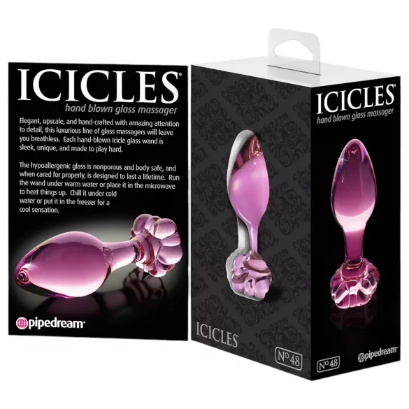 Icicles No. 48 - szklany korek analny - kwiatowy wzór - różowy
