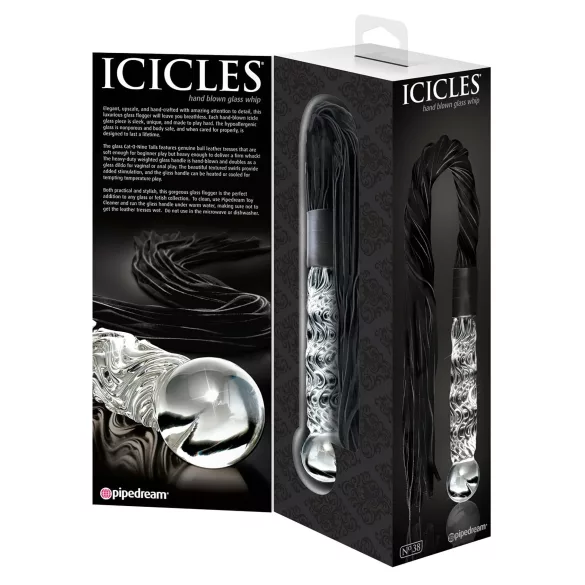 Icicles No. 38 - bicz skórzany i szklane dildo - przezroczysty/czarny