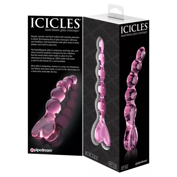 Icicles No. 43 - szklany dildo z perełkami i sercem - różowy