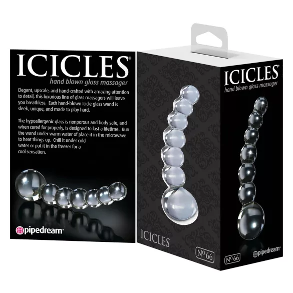 Icicles No. 66 - szklany dildo wygięty z kulkami - przezroczysty