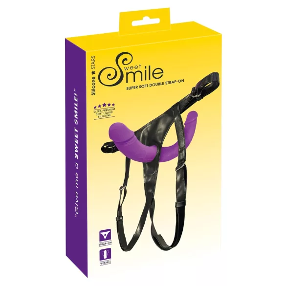 SMILE - podwójny strap-on z majtkami - silikonowy - fioletowo-czarny