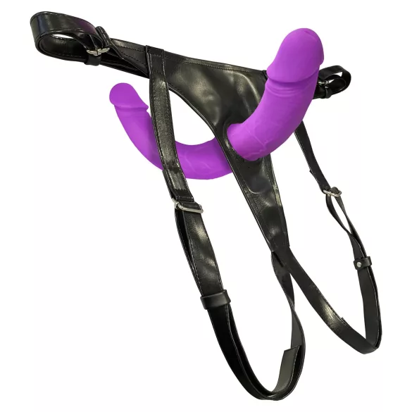 SMILE - podwójny strap-on z majtkami - silikonowy - fioletowo-czarny