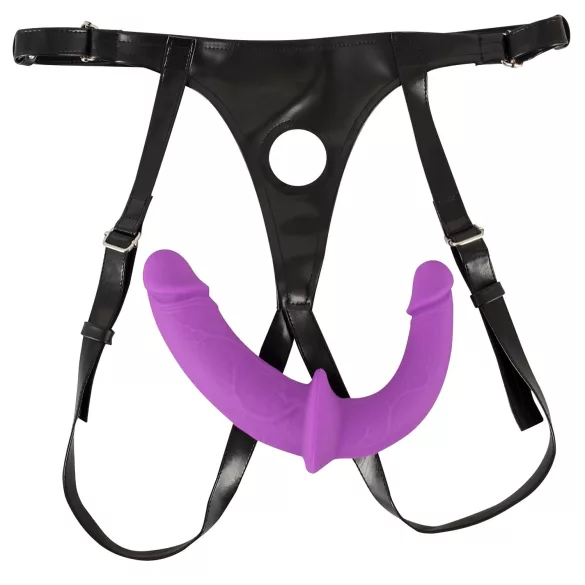 SMILE - podwójny strap-on z majtkami - silikonowy - fioletowo-czarny