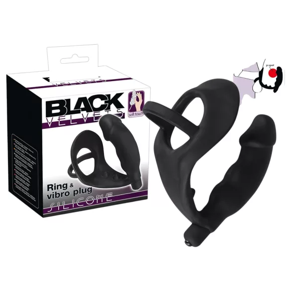 Black Velvets - wibrujący korek analny z pierścieniem na penisa i jądra - czarny