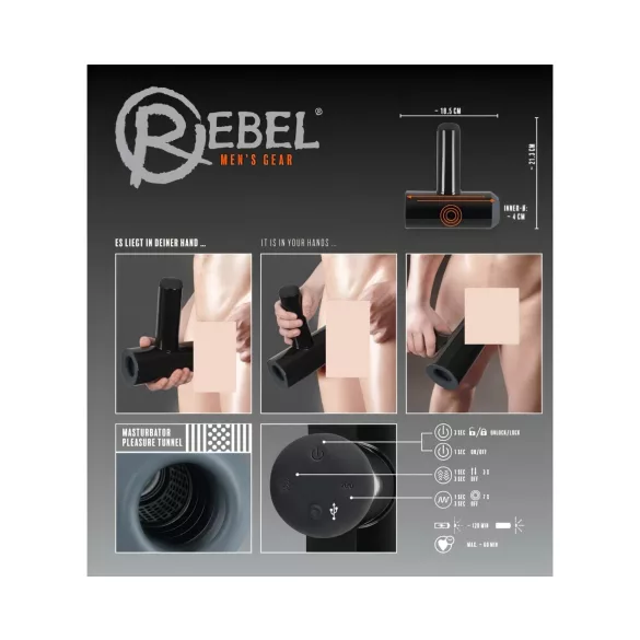 Rebel - masturbator męski akumulatorowy z ruchem góra-dół i wibracjami - czarny