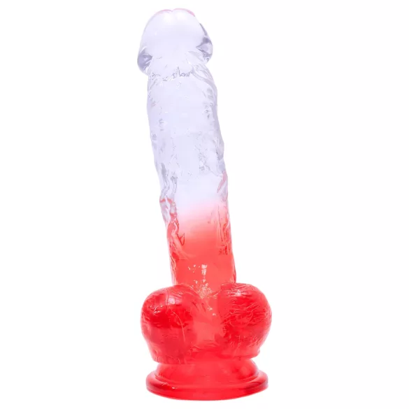 Sunfo - dildo z jądrami z przyssawką - 21 cm - przezroczysto-czerwony