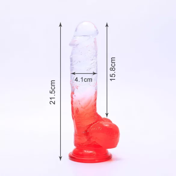 Sunfo - dildo z jądrami z przyssawką - 21 cm - przezroczysto-czerwony