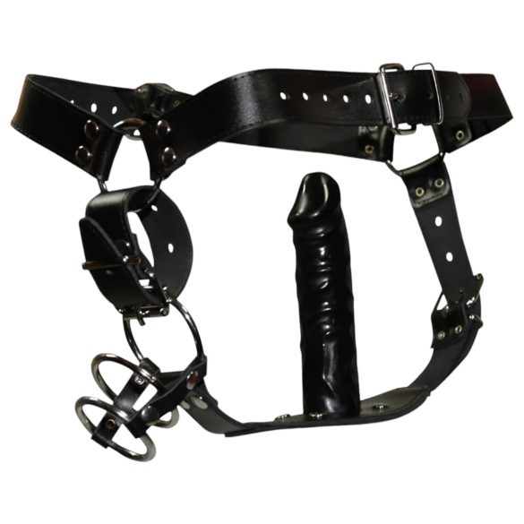 ZADO - stringi skórzane z dildo - 3 pierścienie na penisa