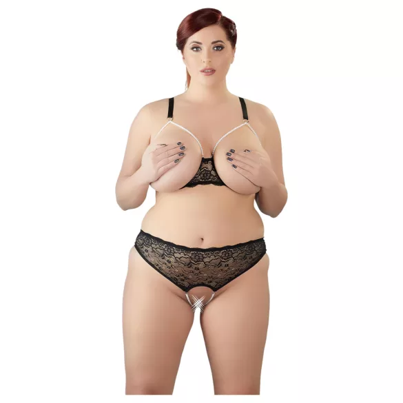 Cottelli Plus Size - komplet bielizny z koralikami - czarny - 3XL