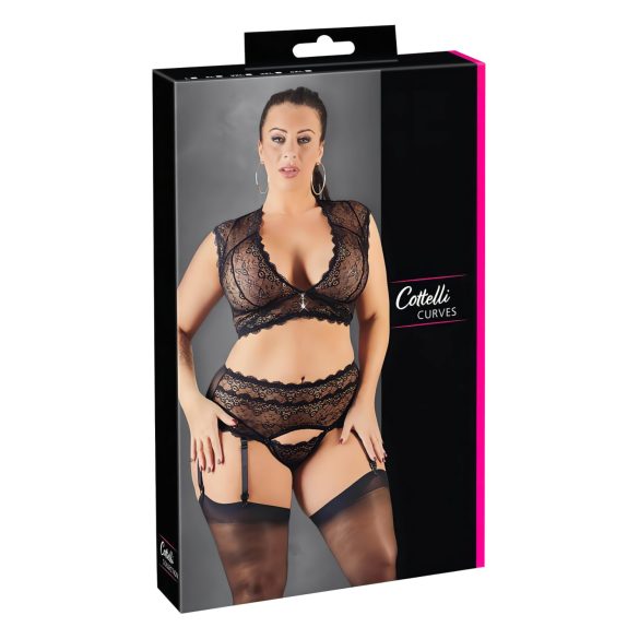 Cottelli Plus Size - lśniący zestaw koronkowy (czarny)