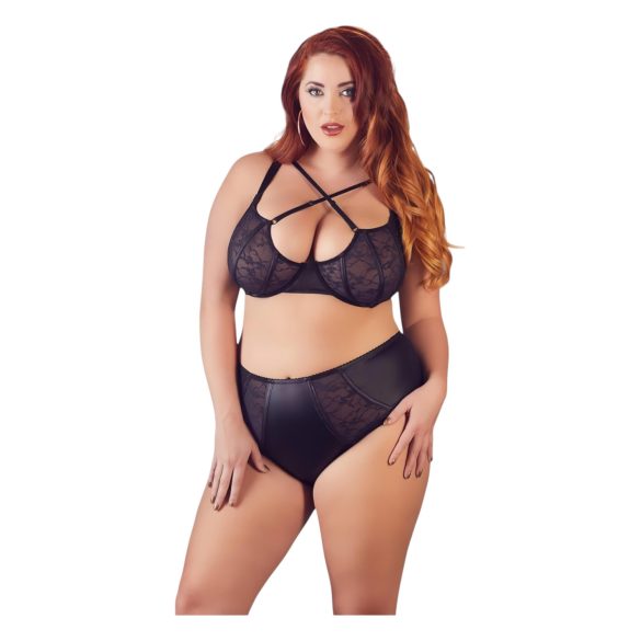 Cottelli Plus Size - Biustonosz i majtki z krzyżowymi paskami (czarne)