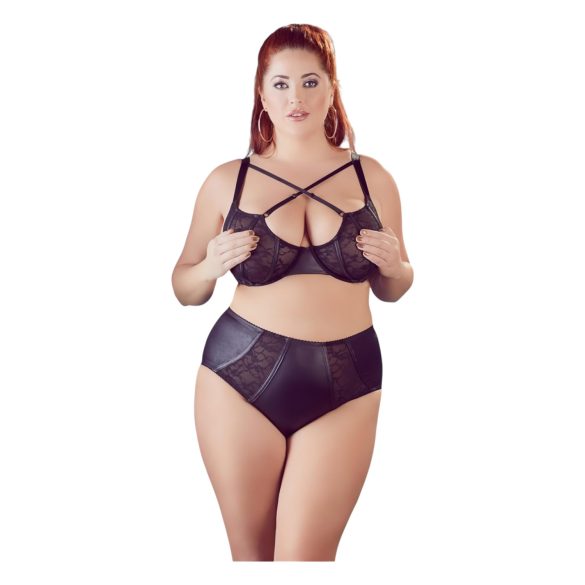 Cottelli Plus Size - Biustonosz i majtki z krzyżowymi paskami (czarne) - 85E/L