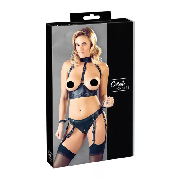 Cottelli Bondage - biustonosz push-up z kajdankami - błyszczący czarny - XL