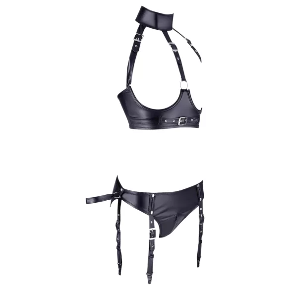 Cottelli Bondage - biustonosz push-up z kajdankami - błyszczący czarny - XL