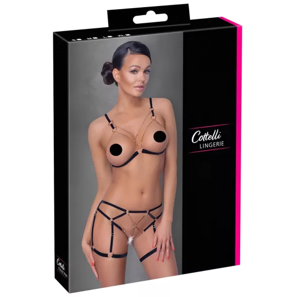 Cottelli - uprząż na ciało z łańcuszkami - 2 części - czarna - L