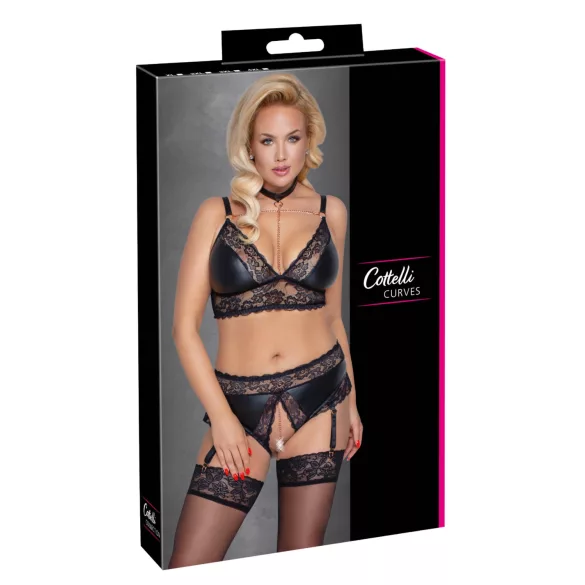 Cottelli Curves - komplet bielizny błyszczący efekt - czarny - 3XL