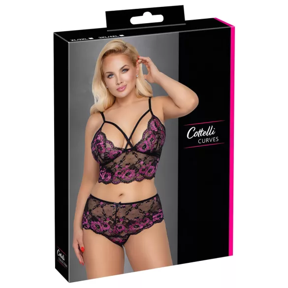 Cottelli Plus Size - kwiatowy zestaw biustonoszy (czarno-fioletowy)
