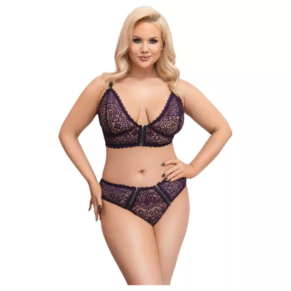 Cottelli Plus Size - prześwitujący wzorzysty zestaw biustonoszy (fioletowy)