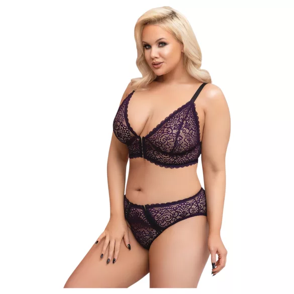 Cottelli Plus Size - prześwitujący wzorzysty zestaw biustonoszy (fioletowy)