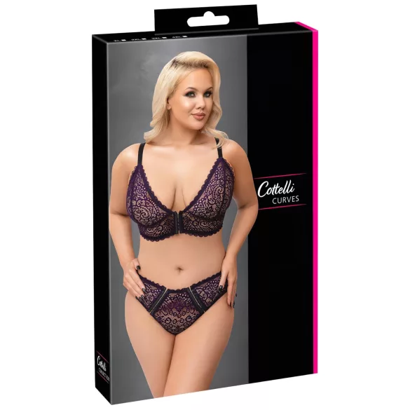 Cottelli Plus Size - prześwitujący wzorzysty zestaw biustonoszy (fioletowy) - 2XL