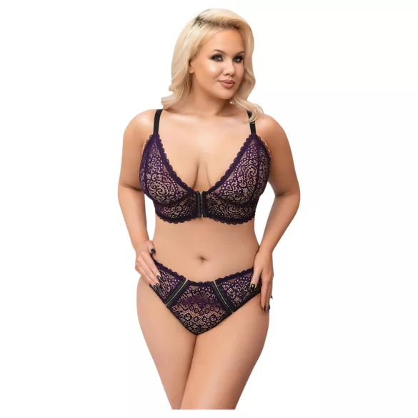 Cottelli Plus Size - prześwitujący wzorzysty zestaw biustonoszy (fioletowy) - 2XL