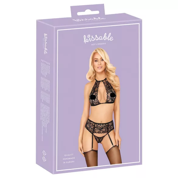 Kissable – koronkowy zestaw biustonosz z paskiem (czarny) - L/XL