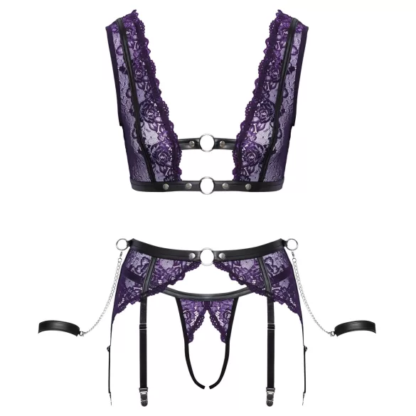 Cottelli Bondage - zestaw bielizny i kajdanki (czarno-fioletowy) - XL