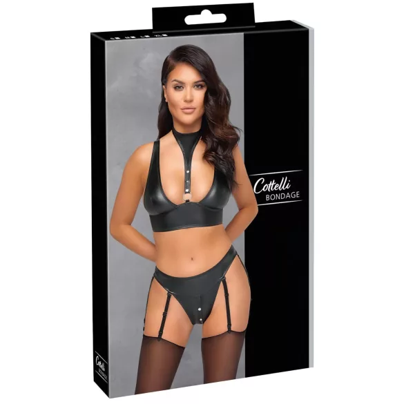 Cottelli Bondage - błyszczący zestaw biustonosz z kajdankami (czarny) - M