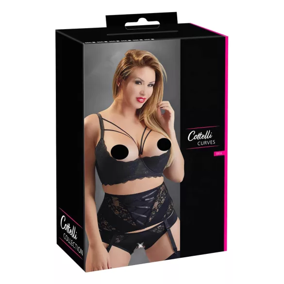 Cottelli Plus Size - biustonosz unoszący piersi z paskami i kółkami (czarny) - 90D