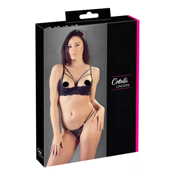 Cottelli - biustonosz z paskami i pierścieniami - tanga - czarny - 85C/L