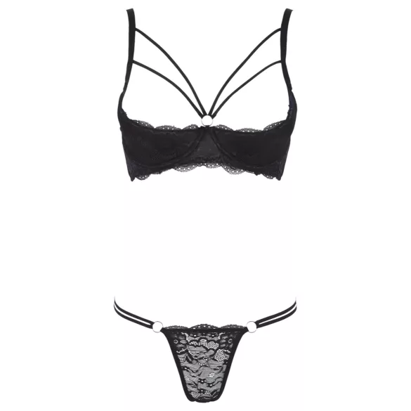 Cottelli - biustonosz z paskami i pierścieniami - tanga - czarny - 85C/L