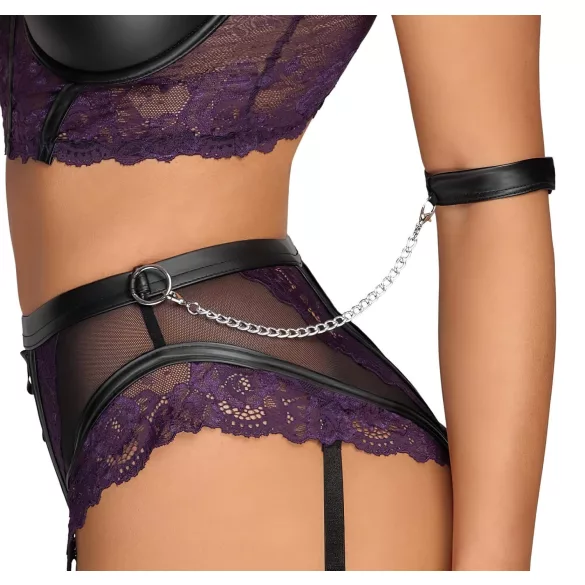 Cottelli Bondage - zestaw biustonosza i kajdanek na ręce (czarno‑fioletowy) - L