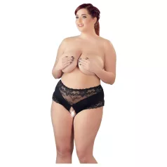   Cottelli Plus Size - figi otwarte z koronką i perełkami - czarne - XL