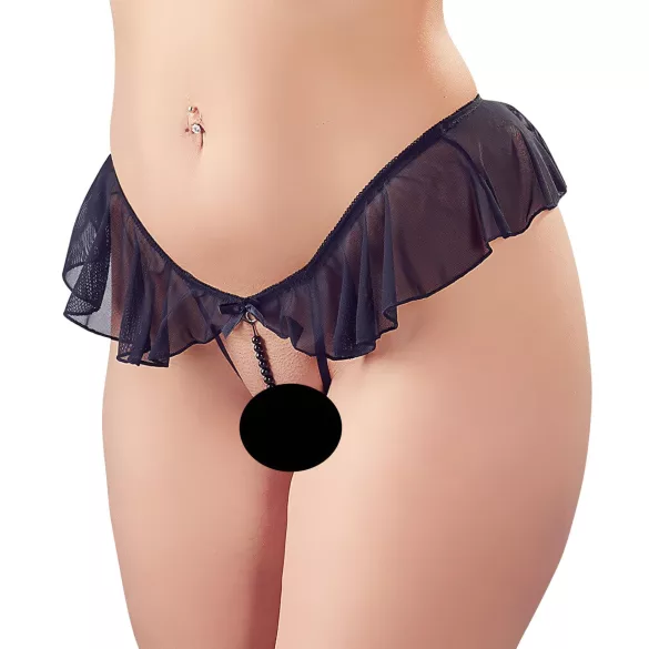 Cottelli - stringi otwarte z perełkami - czarne, z falbanką - M