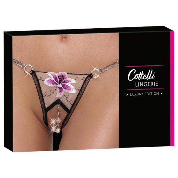 Cottelli - luksusowe, haftowane stringi z liliami (czarno-białe) - M/L