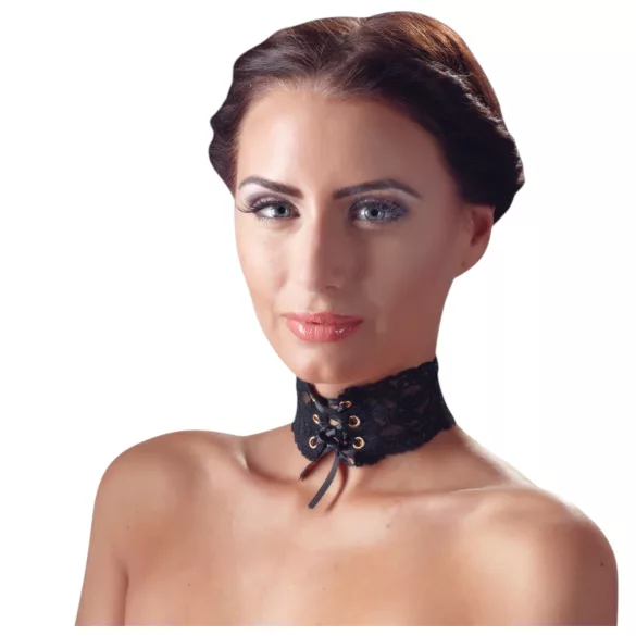 Cottelli - Szeroki, sznurowany koronkowy choker (czarny)