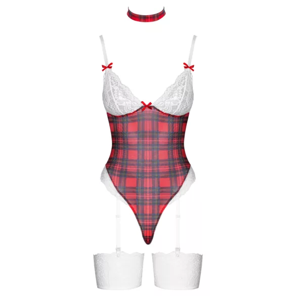 Cottelli - koronkowe body z motywem kratki - czerwone