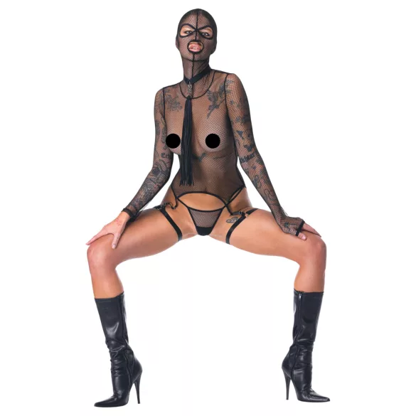 Bad Kitty - przezroczysty siateczkowy zestaw BDSM z biczem (czarny) - M
