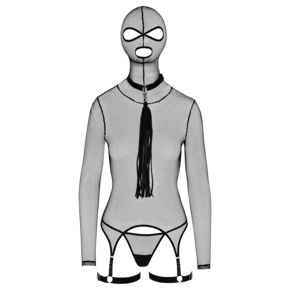 Bad Kitty - przezroczysty siateczkowy zestaw BDSM z biczem (czarny) - M
