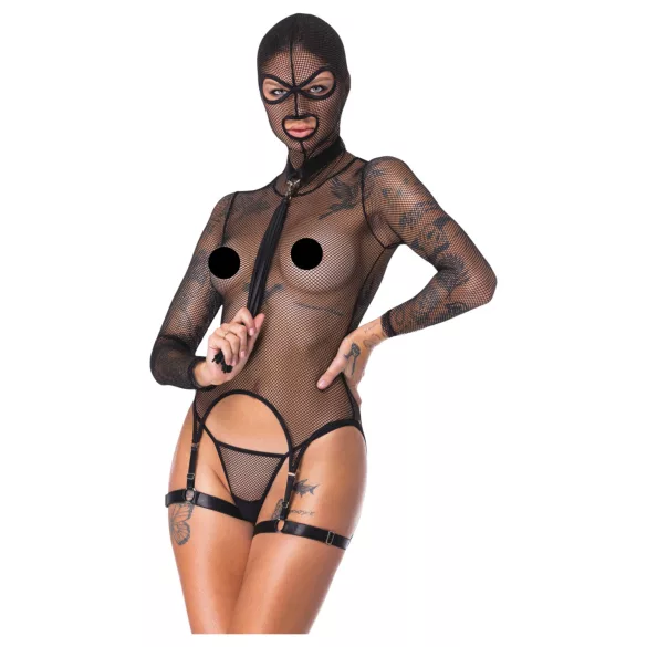 Bad Kitty - przezroczysty siateczkowy zestaw BDSM z biczem (czarny) - M