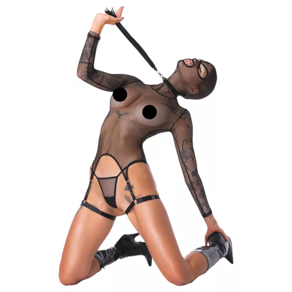 Bad Kitty - przezroczysty siateczkowy zestaw BDSM z biczem (czarny) - M
