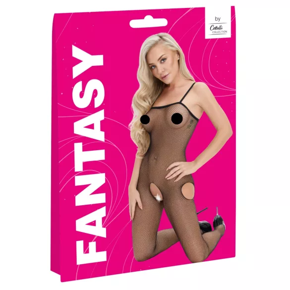Cottelli Fantasy - siateczkowy bodystocking z wycięciami na biodrach, otwarty (czarny) - S-L