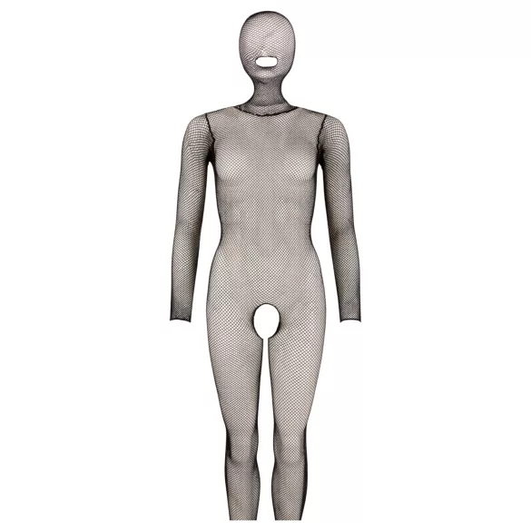 Cottelli Fantasy - ażurowe body‑siatka z maską i otwartym krokiem (czarne) - S-L