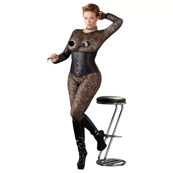 Cottelli Plus Size - gorset satynowy - czarny - 3XL