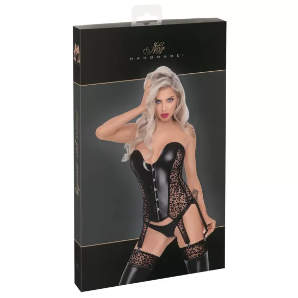 Noir - top z pasem do pończoch - wzór leopard - czarny - L