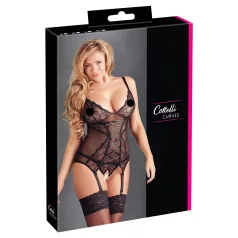   Cottelli - koszulka damska z koronką i tasiemką - czarna - XXL