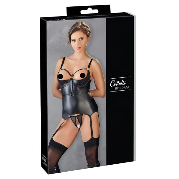 Cottelli Bondage - błyszczący top z podnoszącym biust, kajdanki (czarny) - M