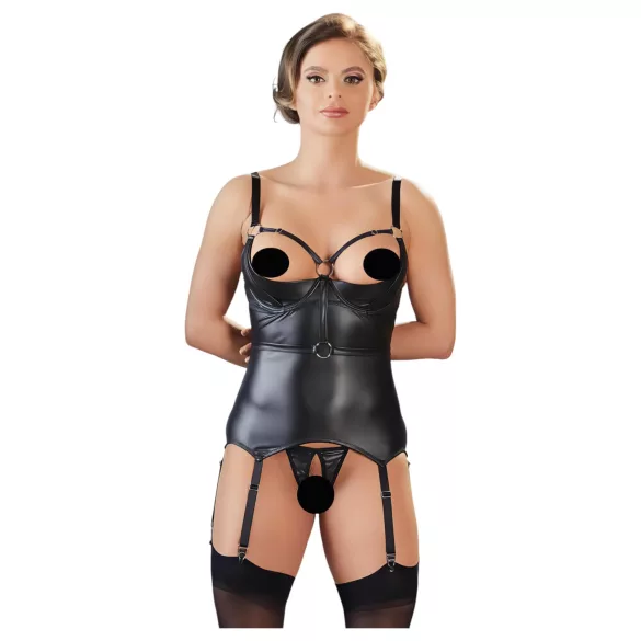 Cottelli Bondage - błyszcząca bluzka z kajdankami, unosi biust (czarna) - L