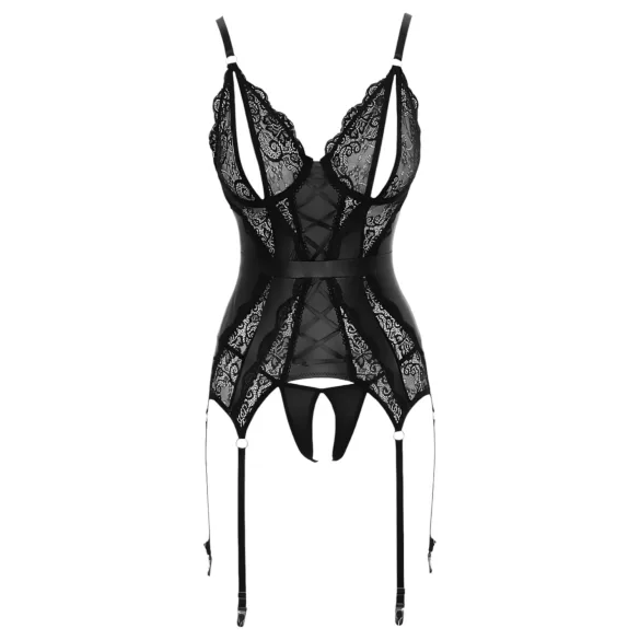 Cottelli - komplet erotyczny z koronki - otwarty top i stringi - czarny - XL